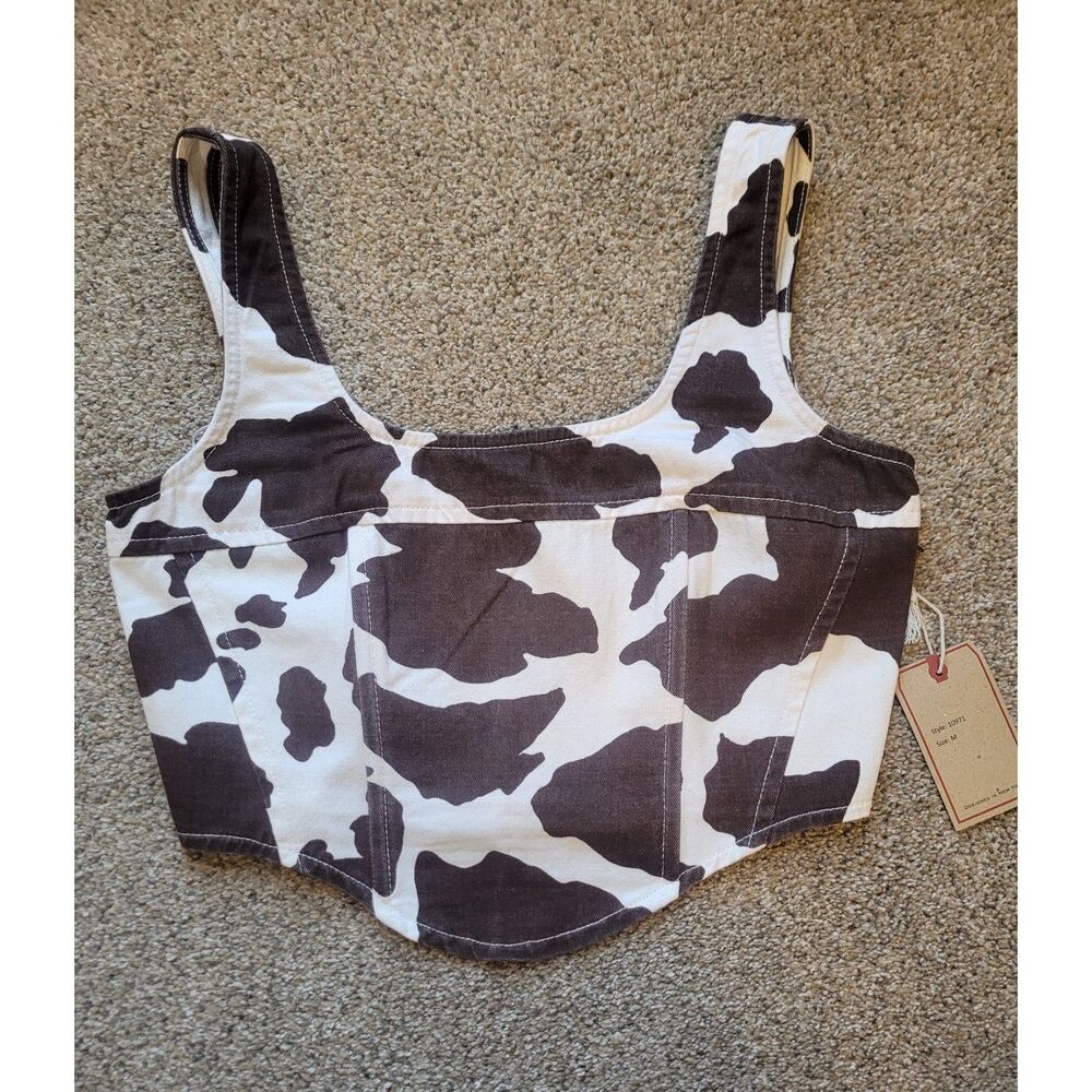 NWT Lone Star Brown Cow Print Corset Structured Denim Crop Top Womens Medium